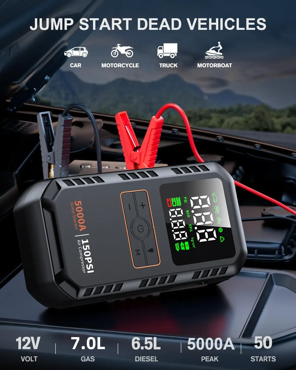 4-in-1 5000A Car Jump Starter with Air Pump - Image 2
